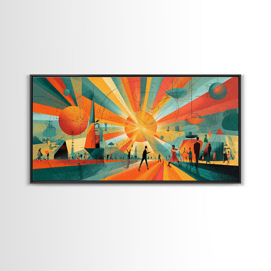 Futuristic Orange Teal City Plaza Framed Canvas Print, Atomic Midcentury Modern Wall Art, Geometric Retro Decor Poster Print
