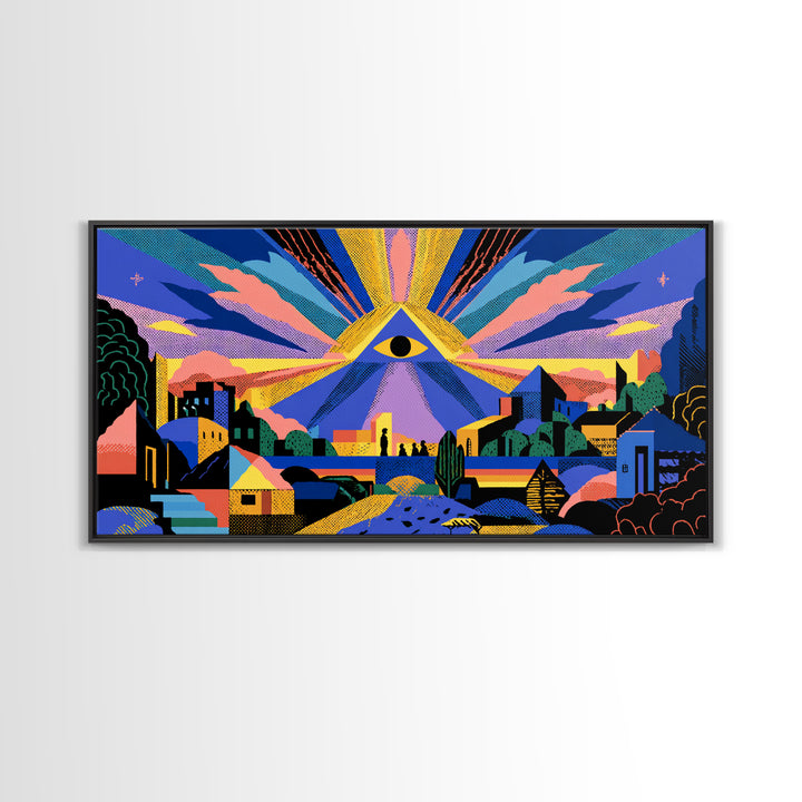All Seeing Eye Over Colorful City Wall Art, Spiritual Midcentury Modern Print, Psychedelic Retro Poster, Mystical Decor Gift