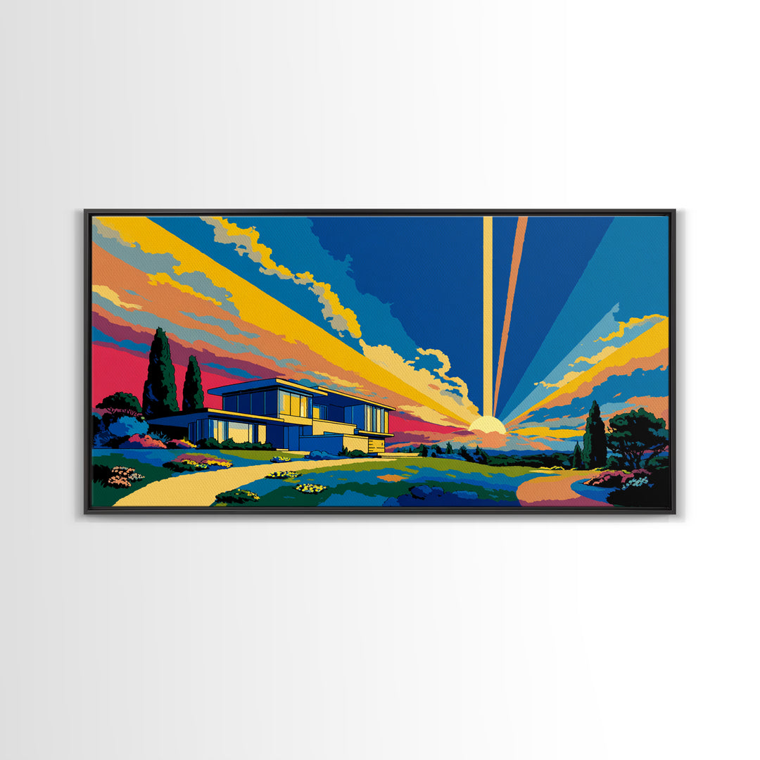 Modernist Home At Sunset Framed Canvas Print, Midcentury Modern Wall Art, Palm Springs Architecture Decor, MCM Poster Print