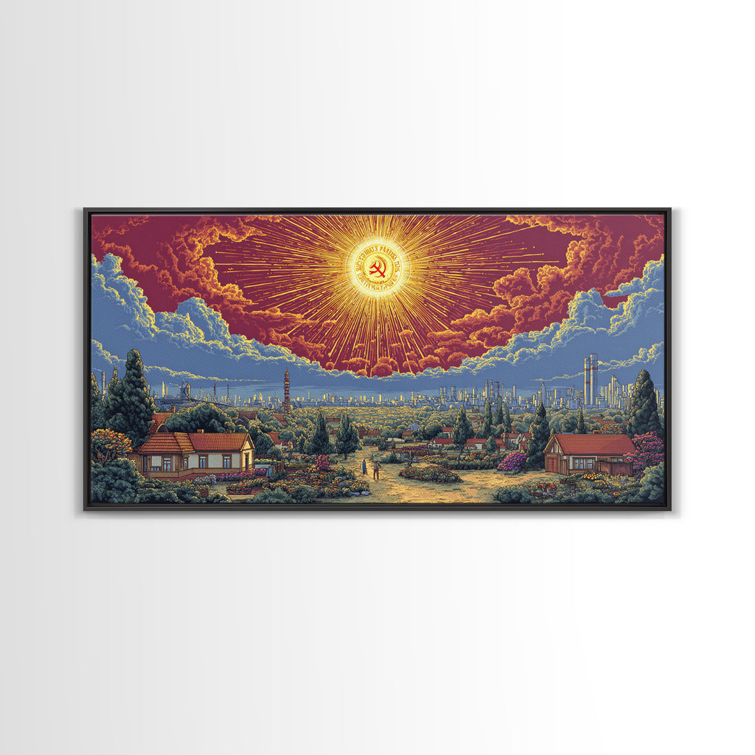 Radiant Socialist Sunrise Over Garden City Wall Art, Retro Futurist Poster, Midcentury Modern Decor, Bold Landscape Print