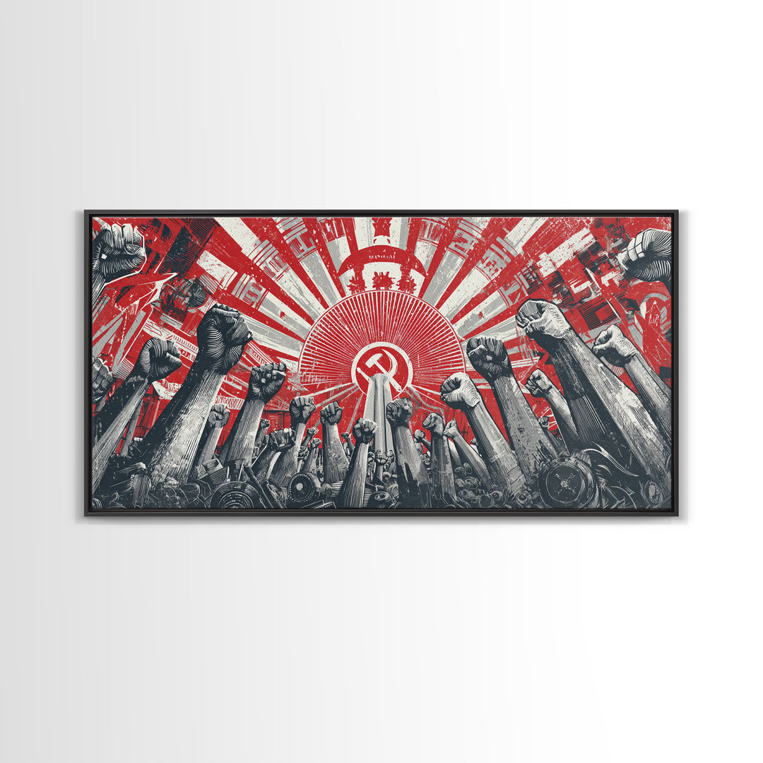 Raised Fists Revolutionary Sunburst Wall Art, Red Black Retro Poster, Midcentury Modern Decor, Bold Graphic Protest Print