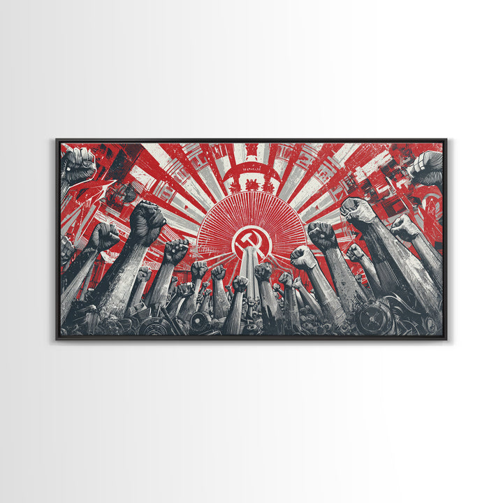 Raised Fists Revolutionary Sunburst Wall Art, Red Black Retro Poster, Midcentury Modern Decor, Bold Graphic Protest Print