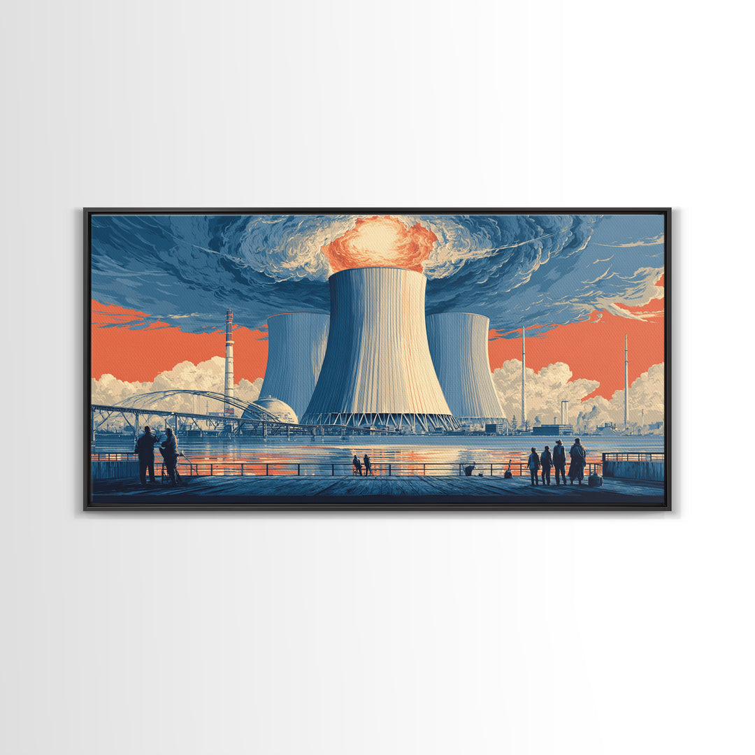 Waterfront Nuclear Power Station Framed Canvas Print, Retro Futurist Industrial Poster, Midcentury Modern Wall Art Decor