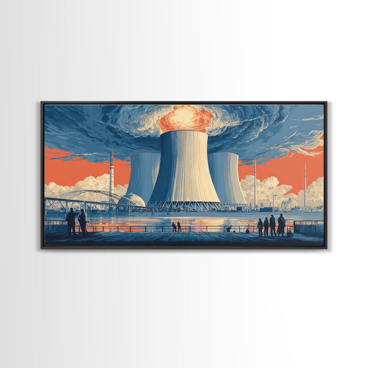 Waterfront Nuclear Power Station Framed Canvas Print, Retro Futurist Industrial Poster, Midcentury Modern Wall Art Decor