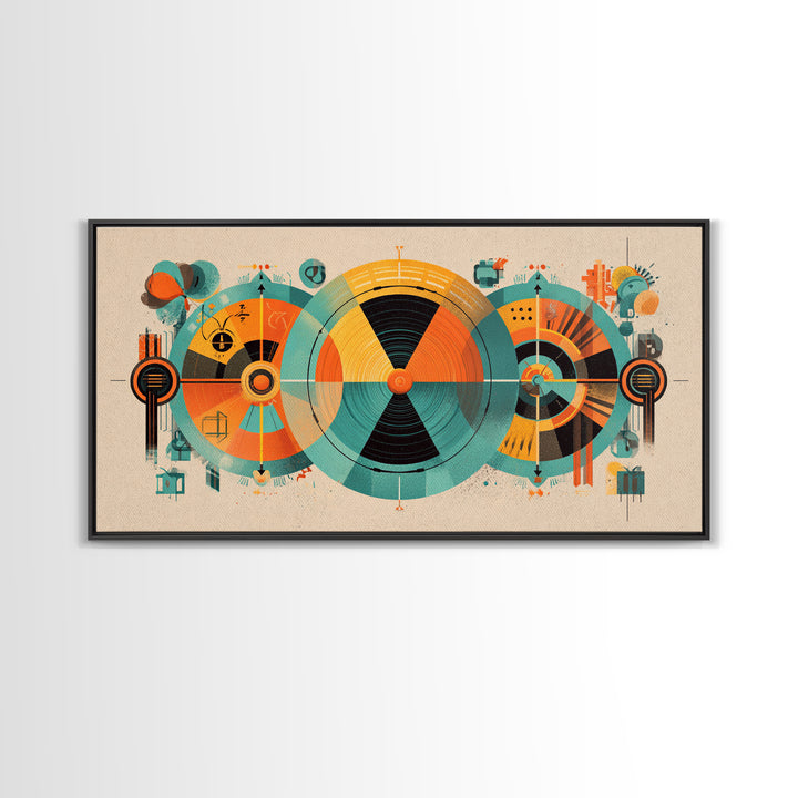 Abstract Atomic Circles And Teal Orange Geometry Wall Art, Bauhaus Midcentury Modern Decor, Retro Geometric Poster Print
