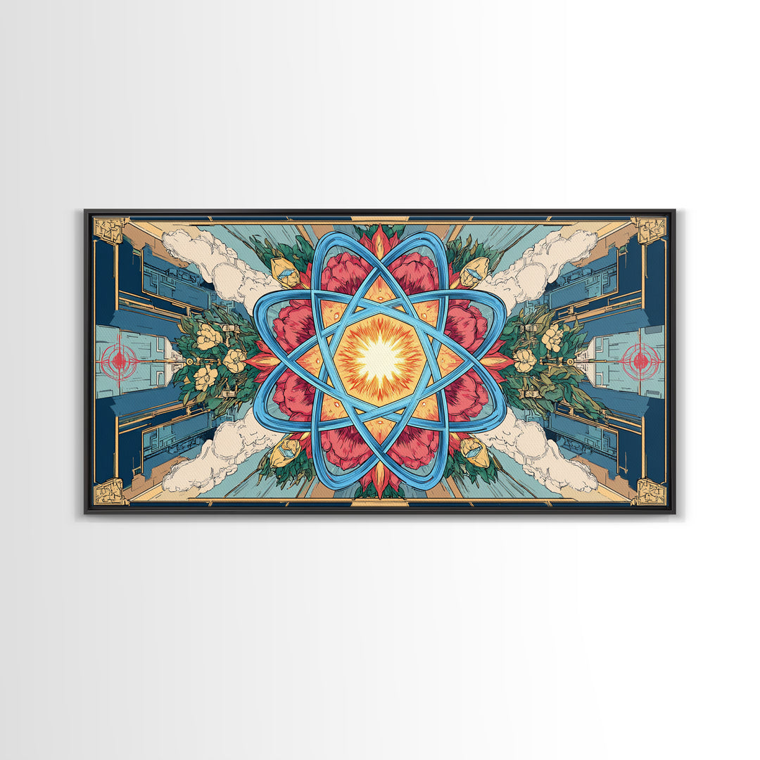 Ornate Atomic Starburst Kaleidoscope Framed Canvas Print, Symmetrical Retro Futurist Poster, Midcentury Modern Wall Art Decor