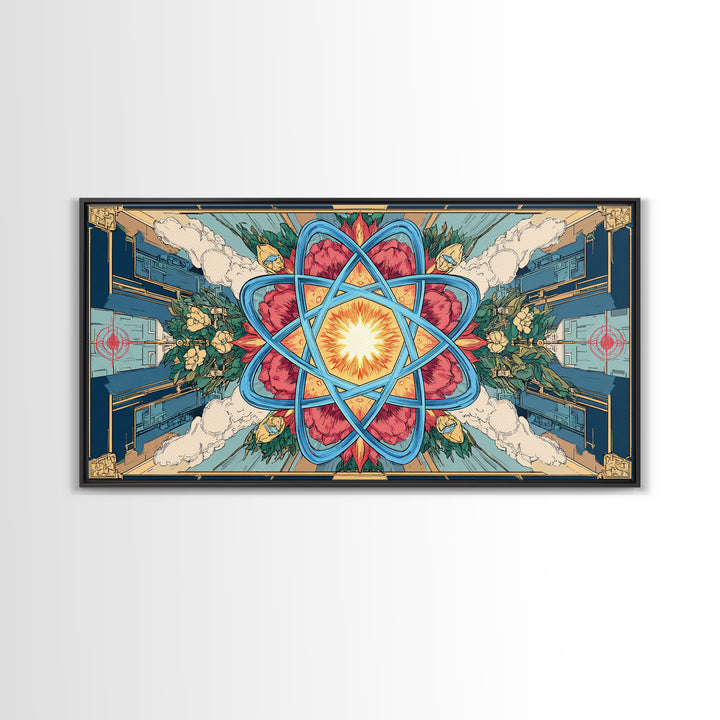 Ornate Atomic Starburst Kaleidoscope Framed Canvas Print, Symmetrical Retro Futurist Poster, Midcentury Modern Wall Art Decor