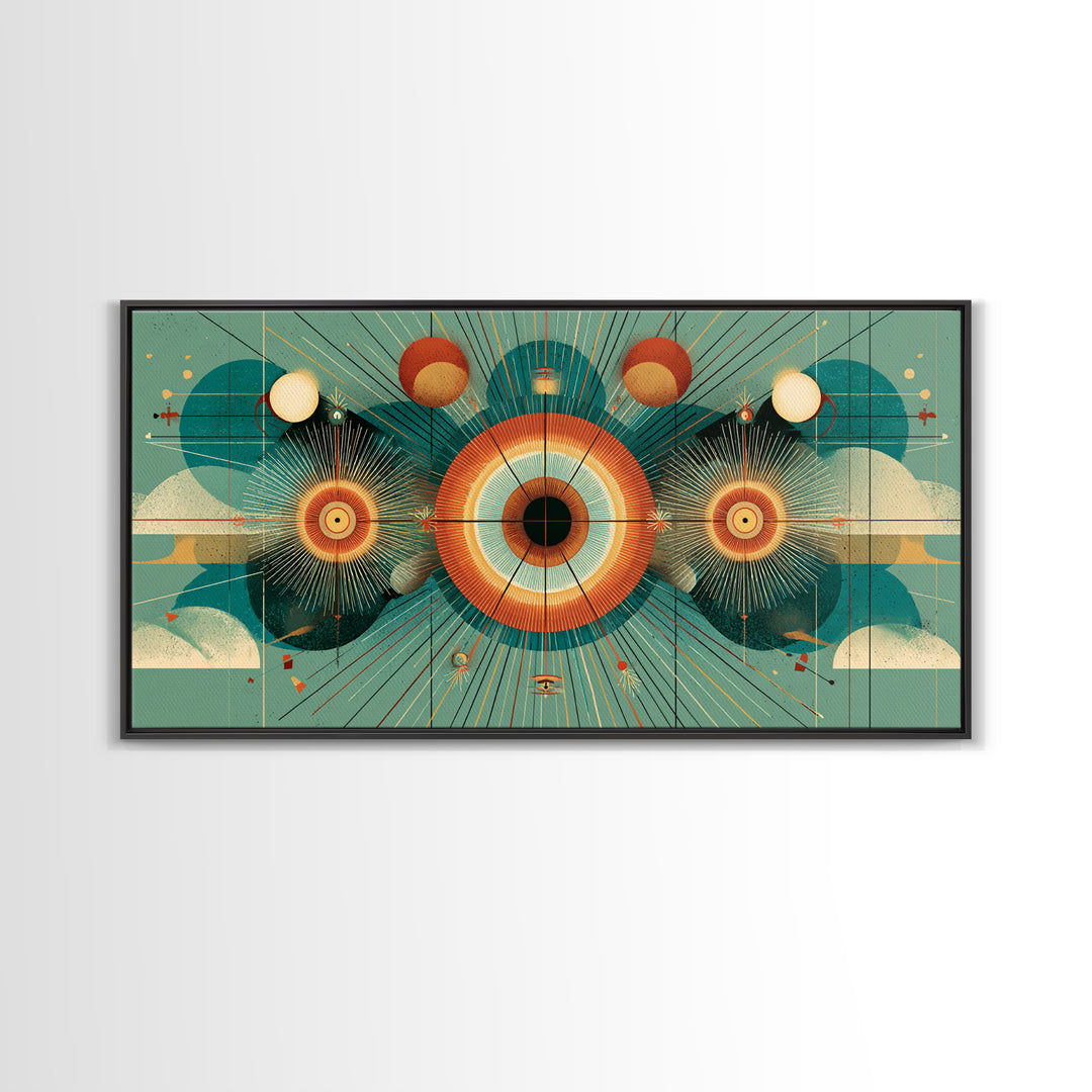 Cosmic Eye With Planets And Sunbursts Wall Art, Atomic Retro Futurist Poster, Midcentury Modern Geometric Teal Decor Print