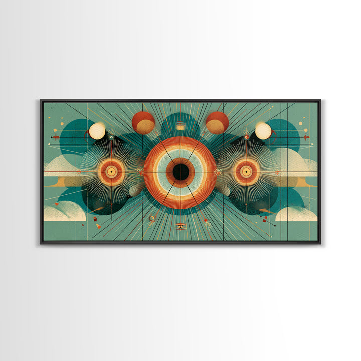 Cosmic Eye With Planets And Sunbursts Wall Art, Atomic Retro Futurist Poster, Midcentury Modern Geometric Teal Decor Print