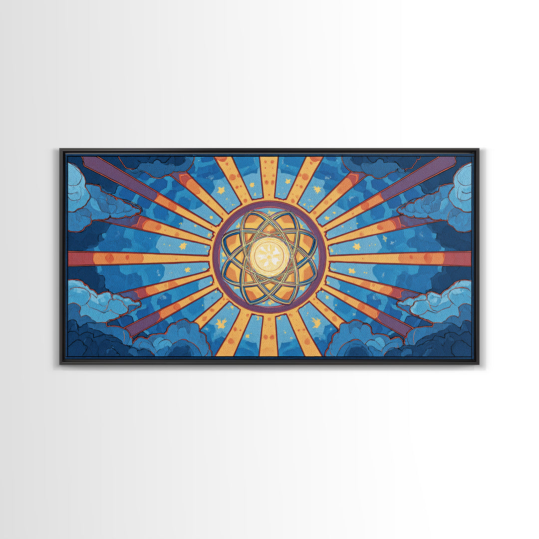 Celestial Atomic Starburst In Blue Clouds Canvas Print, Retro Futurist Midcentury Modern Wall Art, Geometric Poster Decor