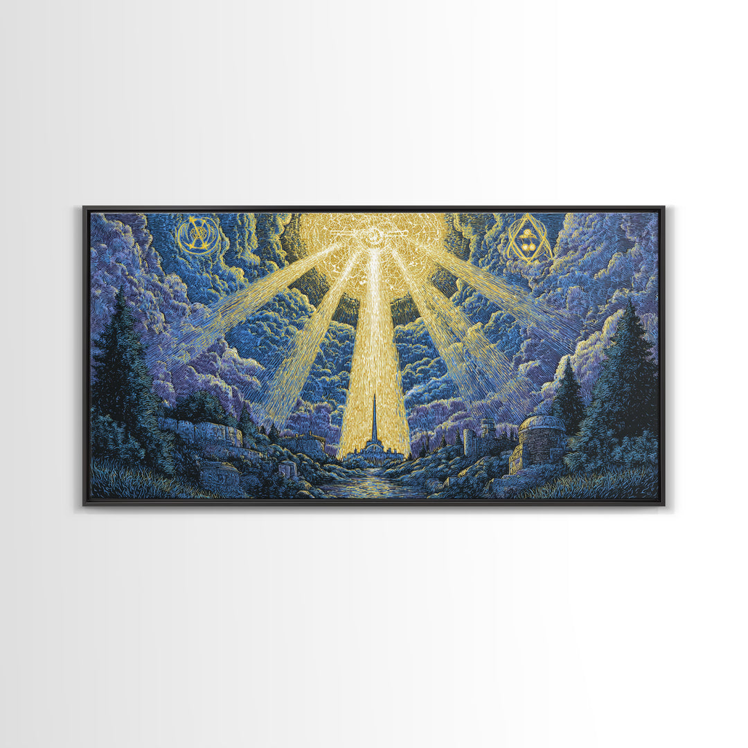 Mystic Mountain Valley With Divine Light Framed Canvas Print, Spiritual Wall Art, Blue Nature Decor, Celestial Home Office