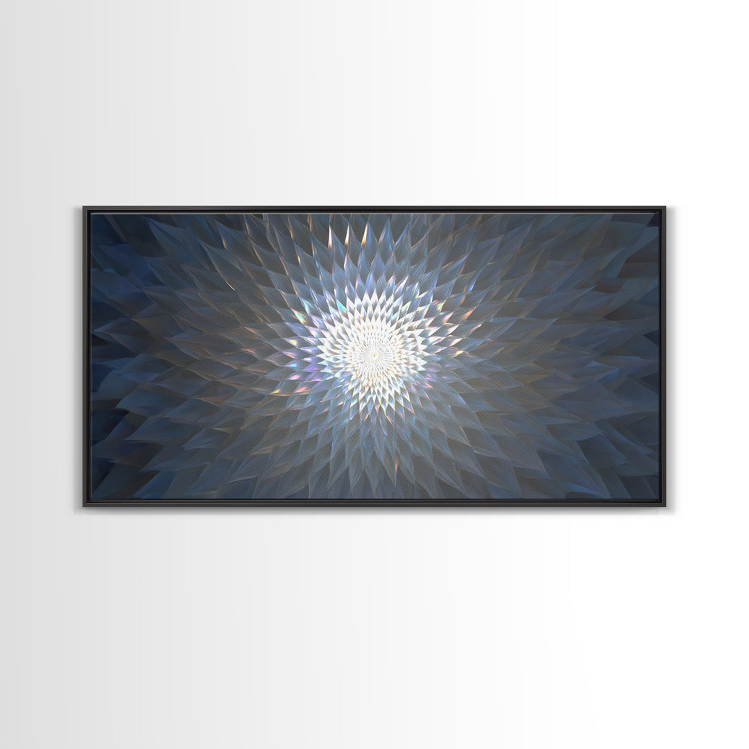 Blue Crystal Radial Mandala Framed Canvas Print, Modern Abstract Wall Art, Geometric Light Decor, Serene Home Office Decor
