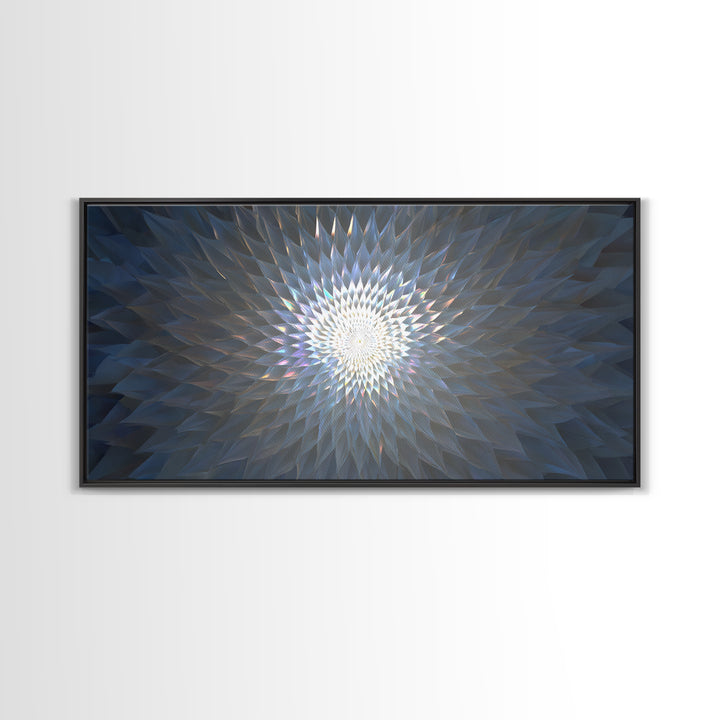 Blue Crystal Radial Mandala Framed Canvas Print, Modern Abstract Wall Art, Geometric Light Decor, Serene Home Office Decor