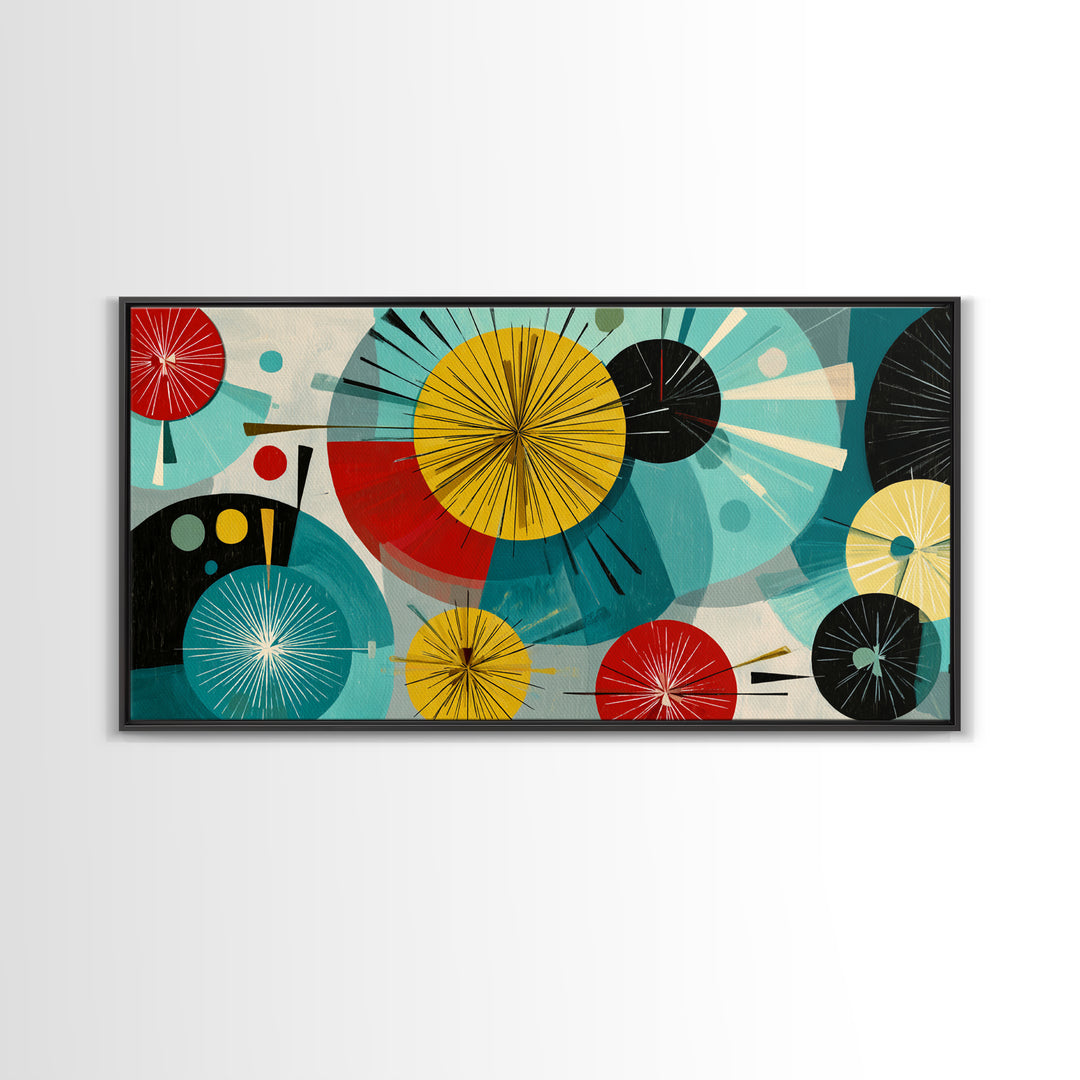 Teal Red Yellow Atomic Circles Wall Art, Midcentury Modern Abstract Art Print, Bauhaus Geometric Decor, Retro Home Office
