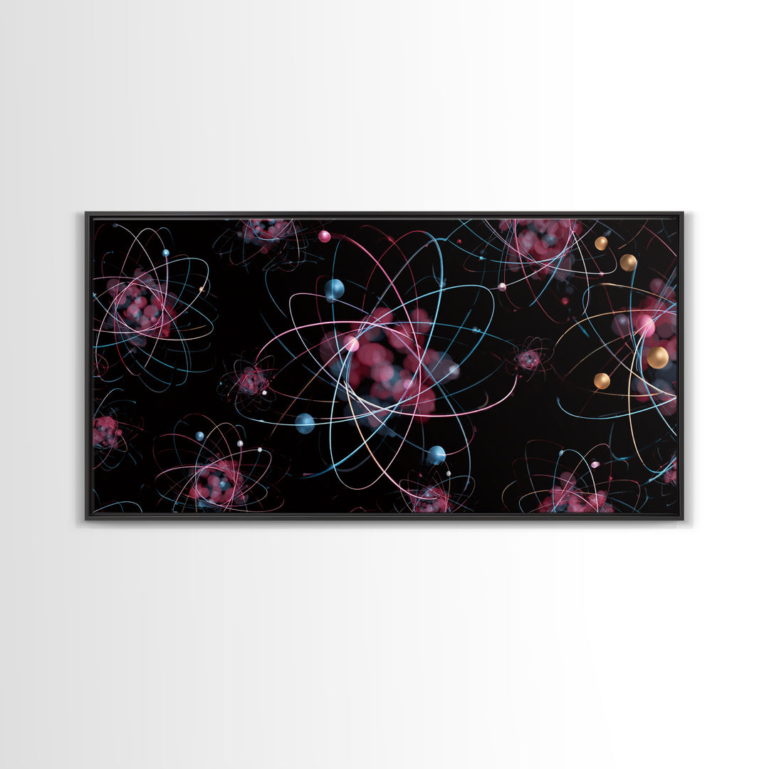 Glowing Pink Atomic Orbits On Black Wall Art, Midcentury Modern Abstract Print, Retro Space Decor, MCM Gallery Wall Home Decor