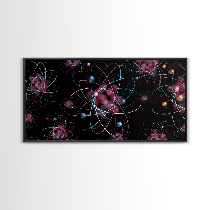 Glowing Pink Atomic Orbits On Black Wall Art, Midcentury Modern Abstract Print, Retro Space Decor, MCM Gallery Wall Home Decor