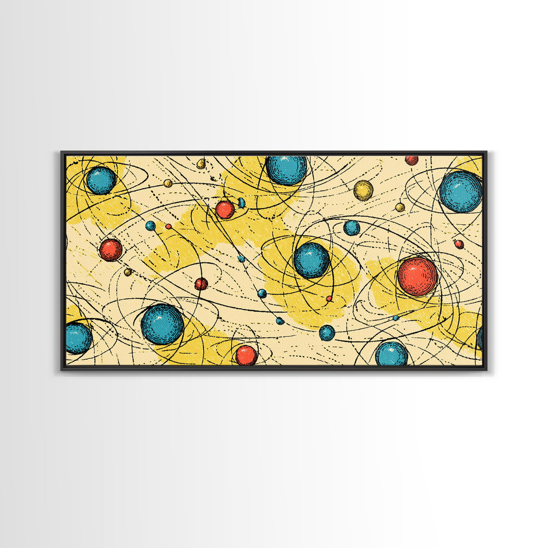 Yellow Blue Atomic Planets Wall Art, Midcentury Modern Abstract Print, Retro Space Poster, Geometric MCM Living Room Decor