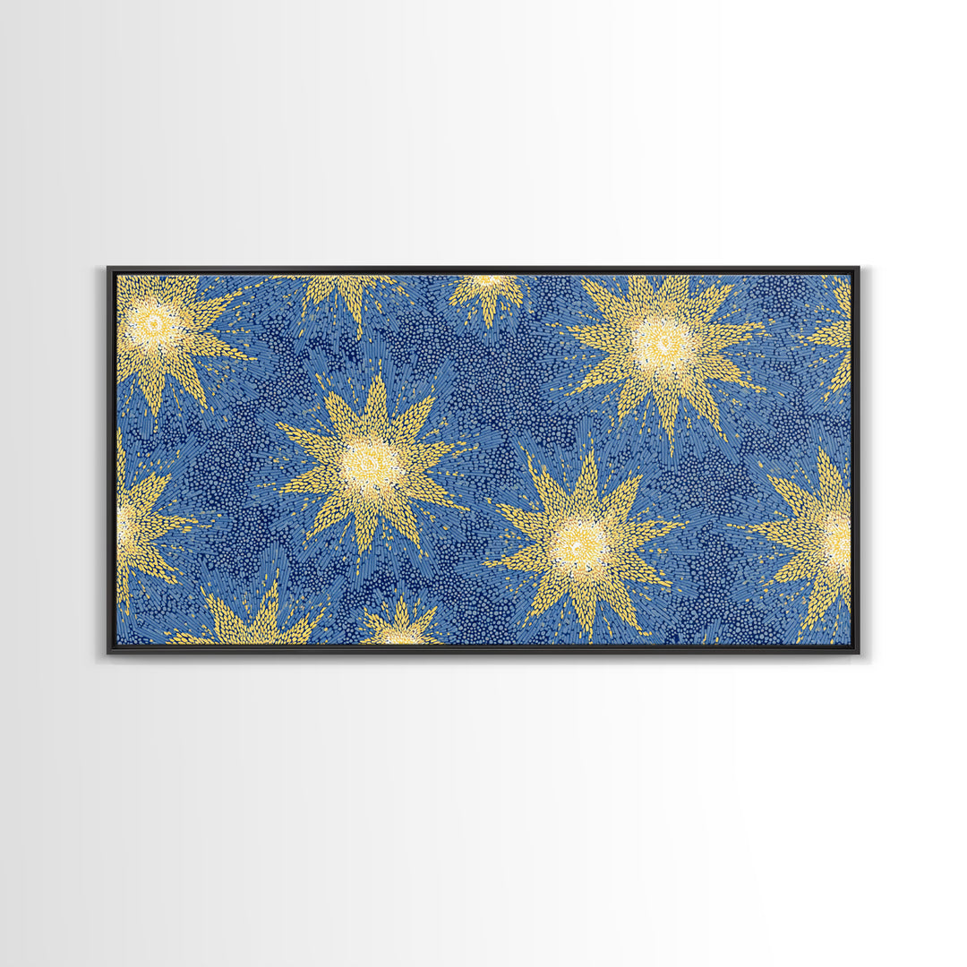 Blue Yellow Atomic Starbursts Canvas Print, Midcentury Modern Wall Art, Retro Space Decor, Bold MCM Gallery Wall Poster Print