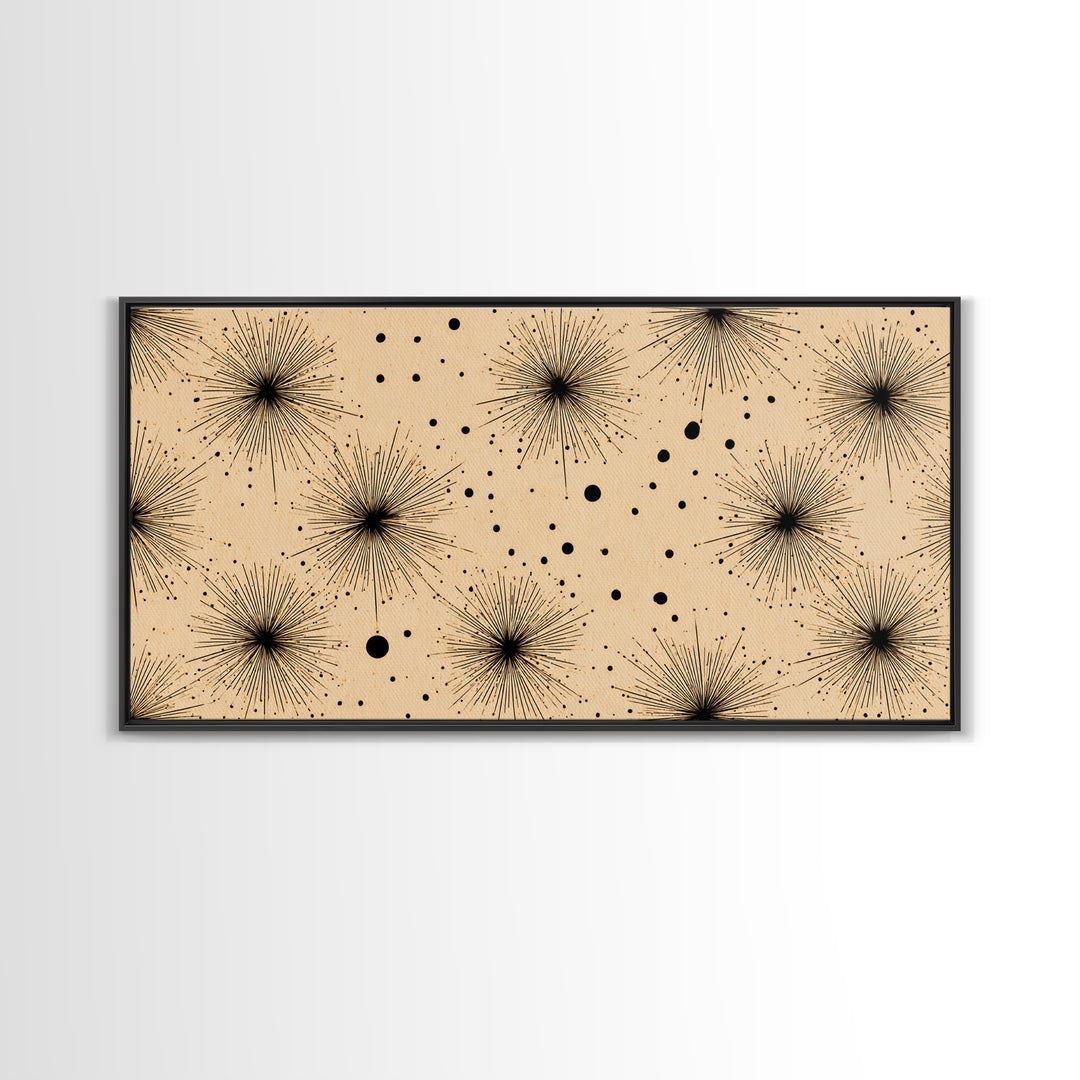Black Atomic Starburst Dots Wall Art, Midcentury Modern Minimalist Canvas Print, Retro Geometric Decor, Neutral MCM Poster