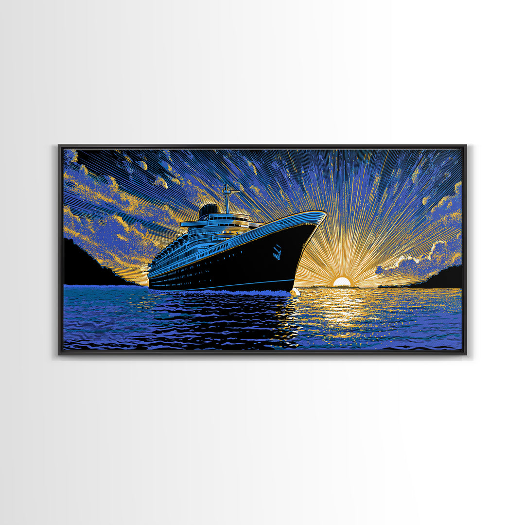 Dramatic Cruise Ship Sunset Canvas Print, Retro Travel Poster, Ocean Liner Wall Decor, Blue Gold Nautical Living Room Art
