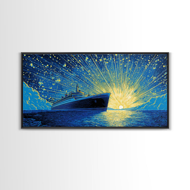 Blue Cruise Ship Sunrise Wall Art, Retro Ocean Liner Poster, Nautical Coastal Decor, Dramatic Sunset Print For Living Room