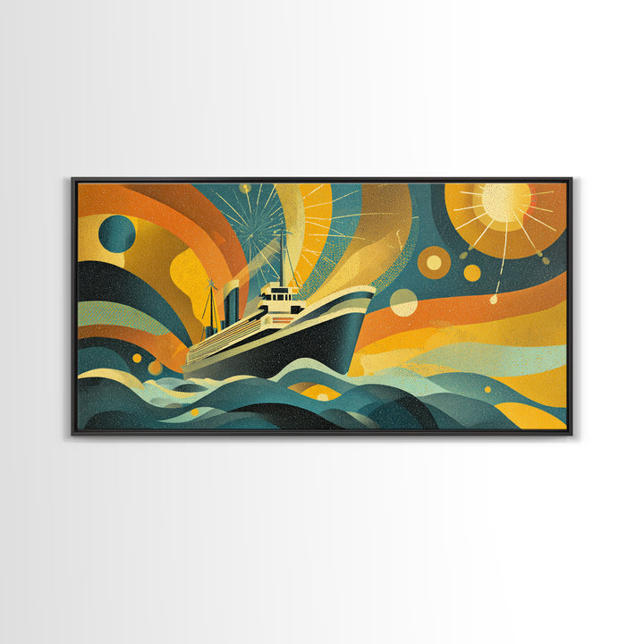 Midcentury Yacht At Sea Canvas Print, Abstract Sun Waves Wall Decor, Retro Modern Ocean Poster, Colorful Nautical Home Art