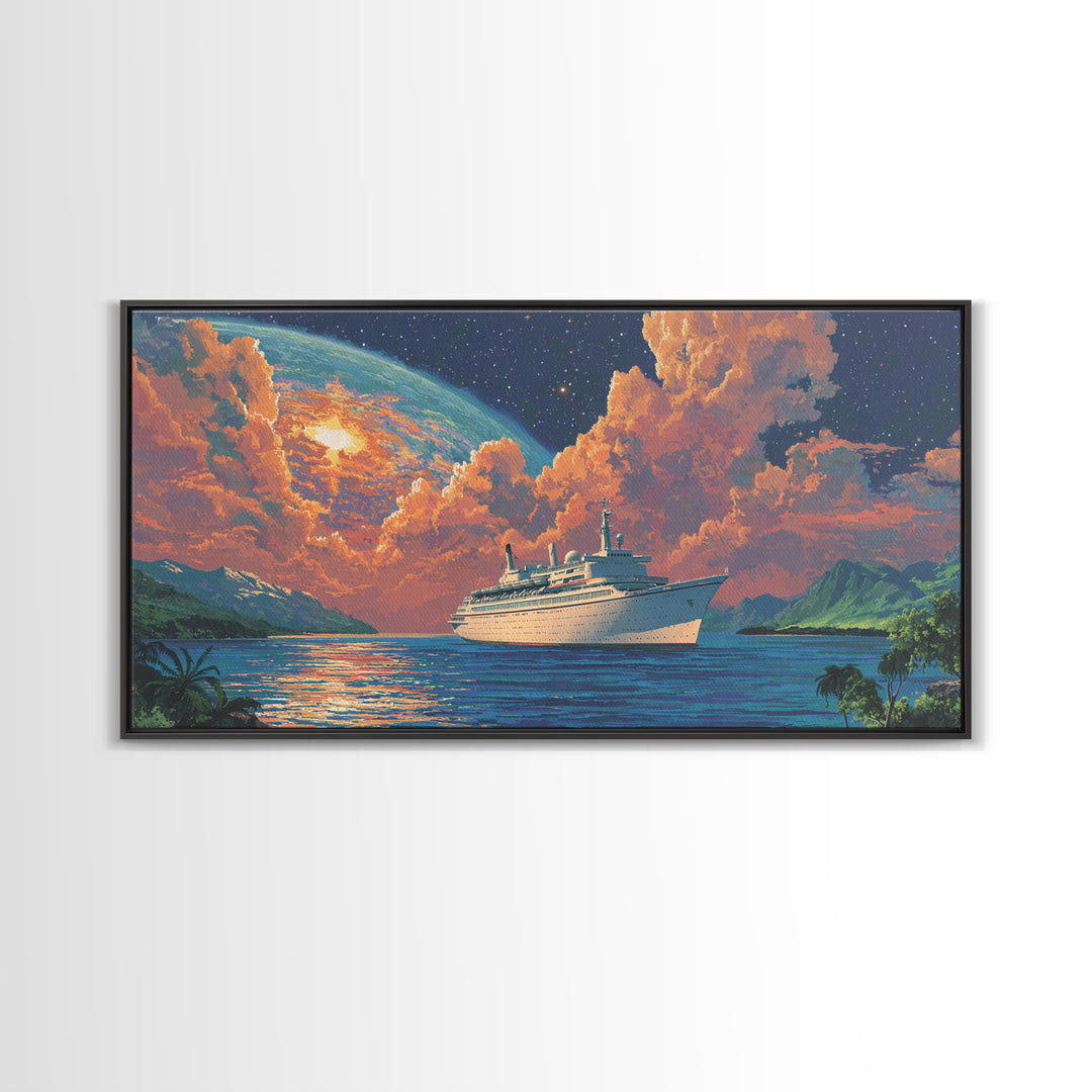 Tropical Cruise Ship Moonrise Wall Art, Dreamy Island Ocean Poster, Scenic Travel Print, Colorful Coastal Living Room Decor