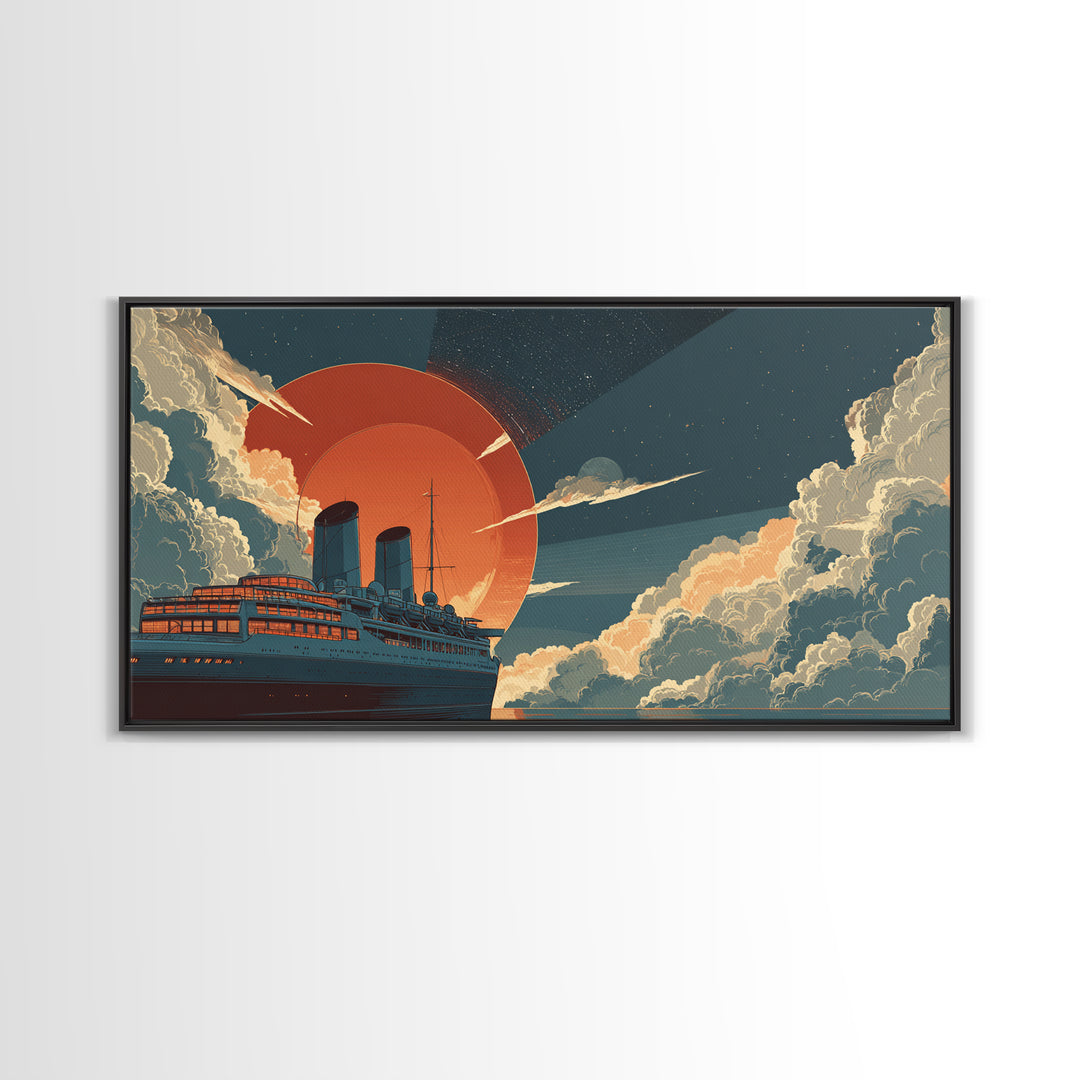 Ocean Liner Red Sun Wall Art, Retro Futuristic Steamship Poster, Art Deco Clouds, Nautical Travel Decor For Living Room Art