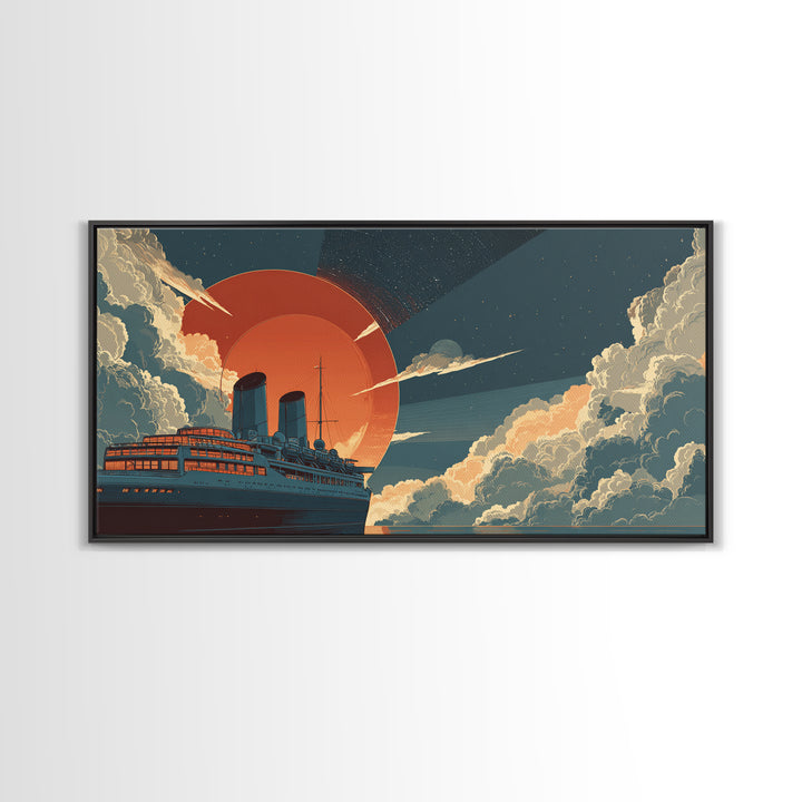 Ocean Liner Red Sun Wall Art, Retro Futuristic Steamship Poster, Art Deco Clouds, Nautical Travel Decor For Living Room Art