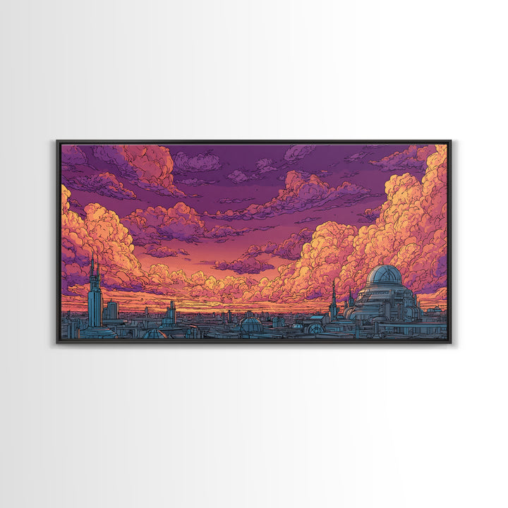 Purple Sunset City Skyline Canvas Print, Retro Futuristic Architecture Poster, Cloudscape Wall Decor, Modern Urban Home Art