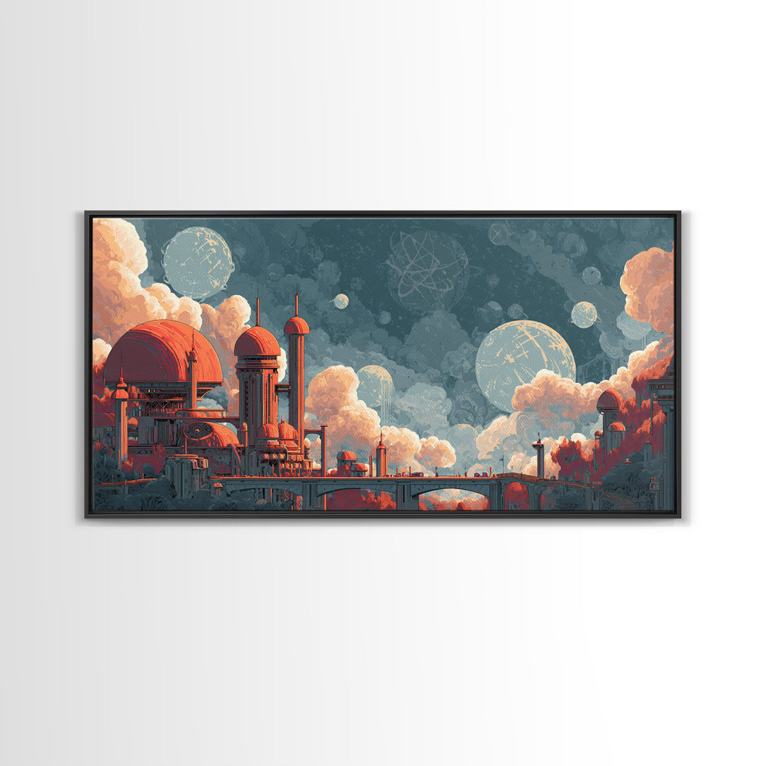 Coral Domed Retro Futurist Cloud City Canvas Print, Midcentury Modern Wall Art, Atomic Space Age Living Room Decor Poster Gift