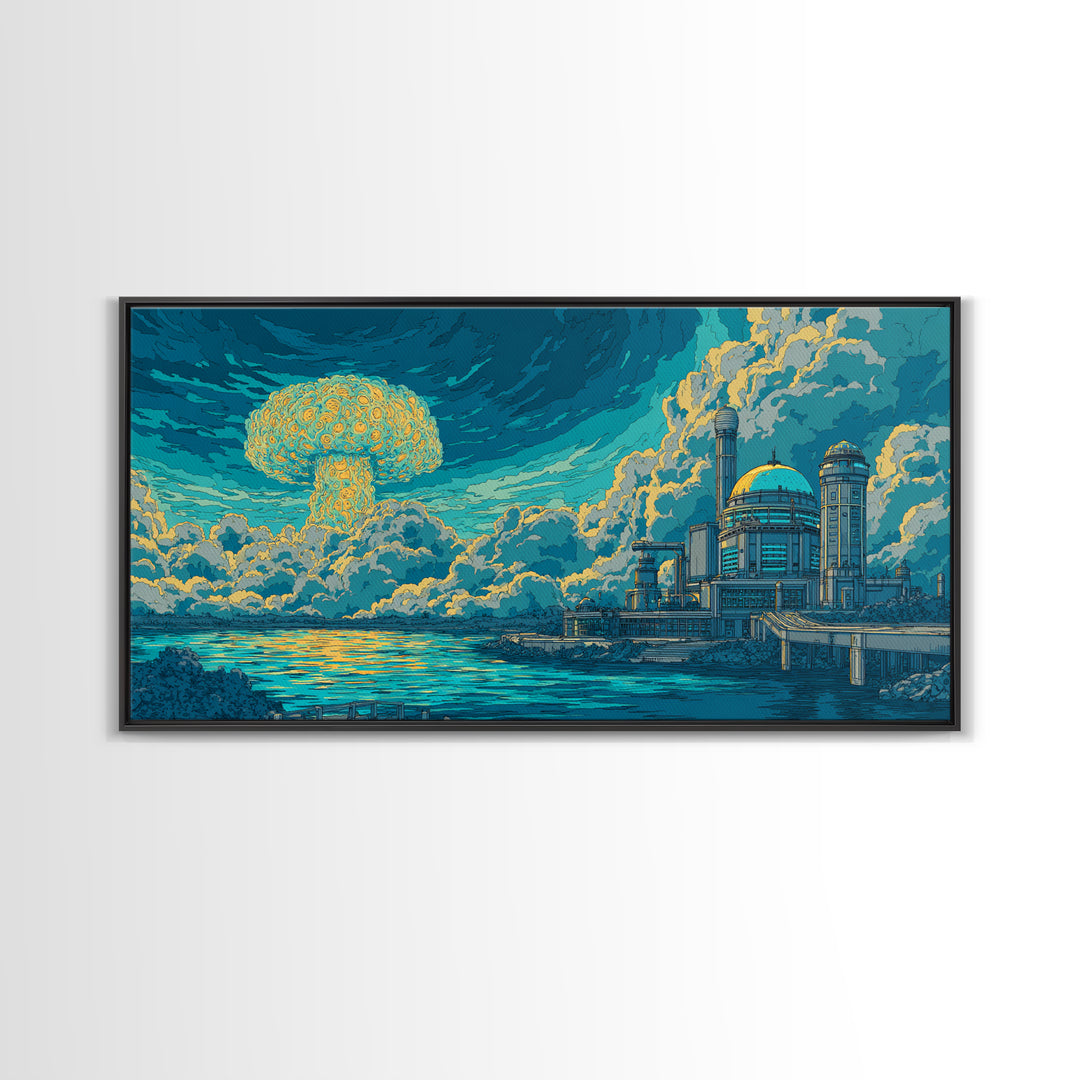 Mushroom Cloud Over Teal Ocean And Dome City Framed Canvas Print, Retro Sci Fi Wall Art, Atomic Midcentury Modern Decor Poster