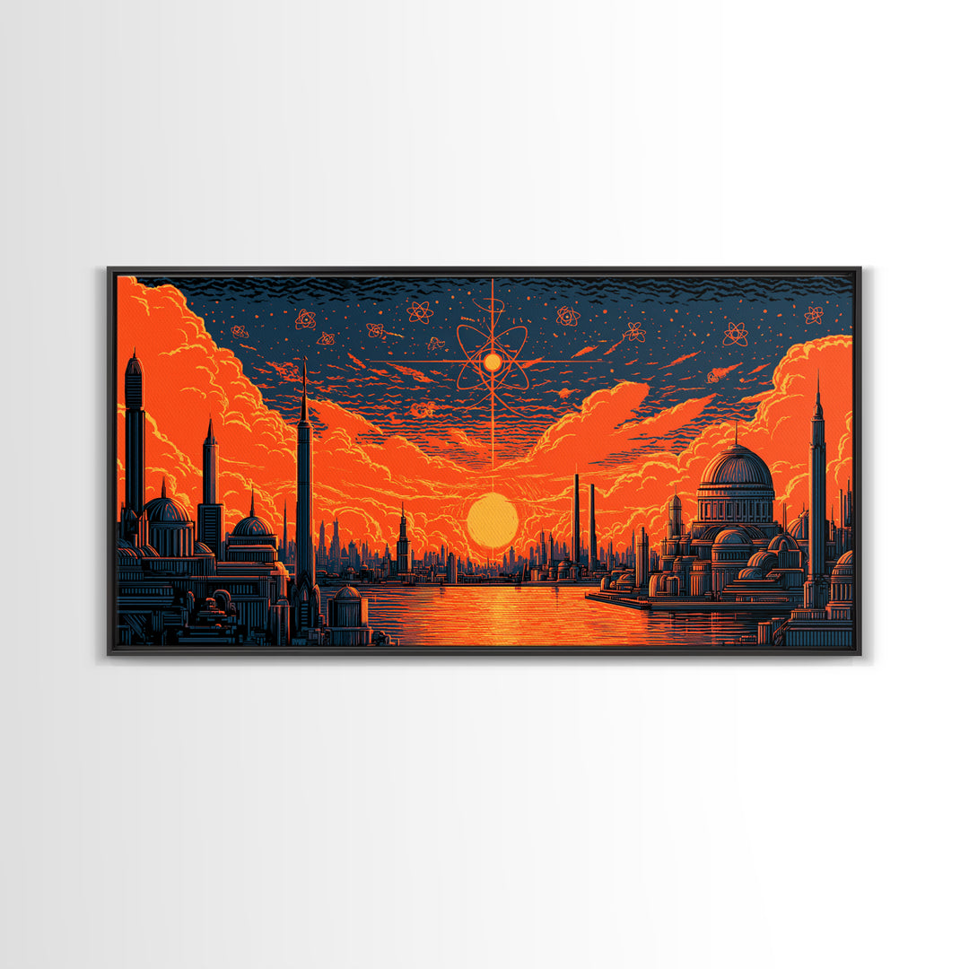 Orange Atomic Sunset Futuristic River Skyline Wall Art, Midcentury Modern Poster, Retro Sci Fi Cityscape Home Office Decor