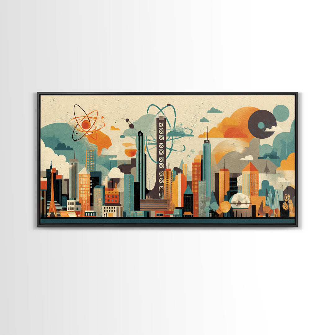 Collage Atomic Bridge City Skyline Canvas Print, Midcentury Modern Wall Art, Geometric Retro Poster, Colorful Office Decor
