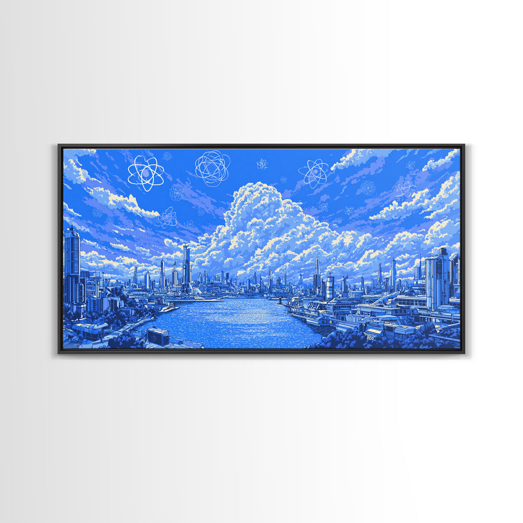 Blue Futuristic Harbor City With Atomic Clouds Wall Art, Modern Art Print, Midcentury Decor, Sci Fi Living Room Poster Gift