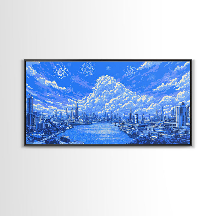 Blue Futuristic Harbor City With Atomic Clouds Wall Art, Modern Art Print, Midcentury Decor, Sci Fi Living Room Poster Gift