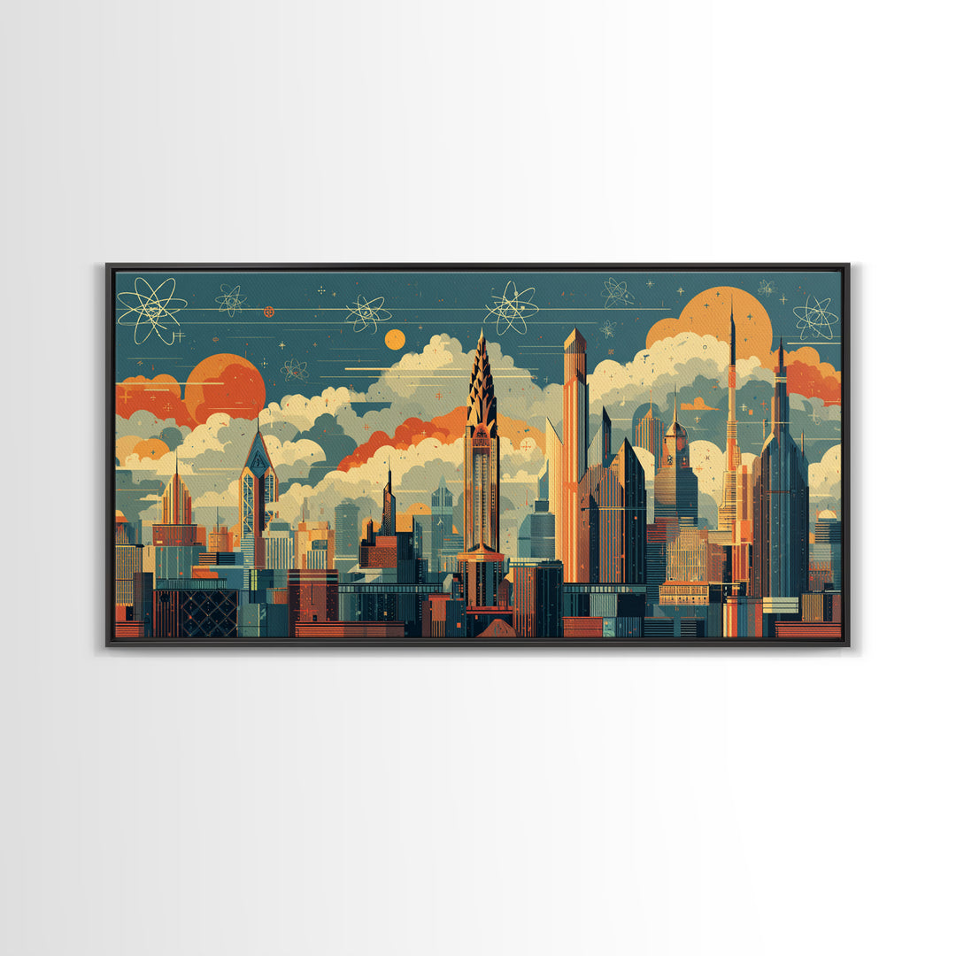 Retro Atomic Skyscraper City At Orange Sun Canvas Print, Midcentury Modern Wall Art, Space Age Skyline Office Decor Poster