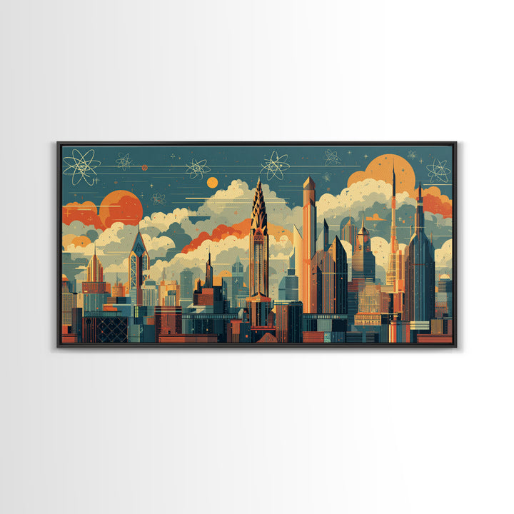 Retro Atomic Skyscraper City At Orange Sun Canvas Print, Midcentury Modern Wall Art, Space Age Skyline Office Decor Poster