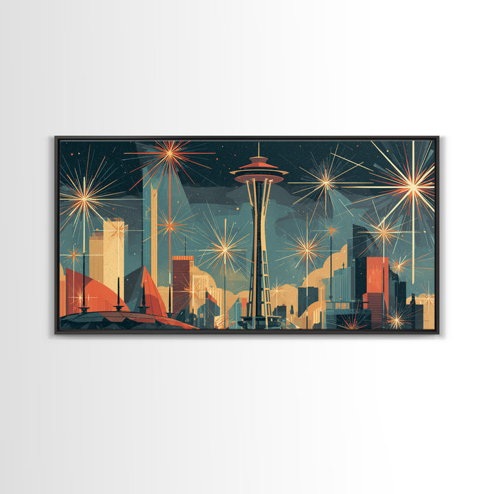 Seattle Space Needle Starburst Skyline Wall Art, Midcentury Modern Art Print, Retro Atomic Cityscape Office Decor Poster