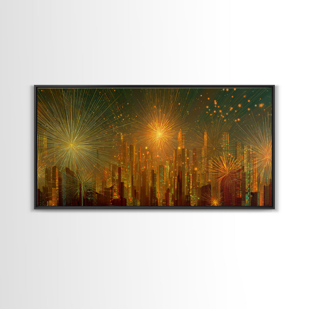 Golden Fireworks Futuristic City Skyline Framed Canvas Print, Modern Wall Art, Midcentury Retro Decor, Large Statement Poster