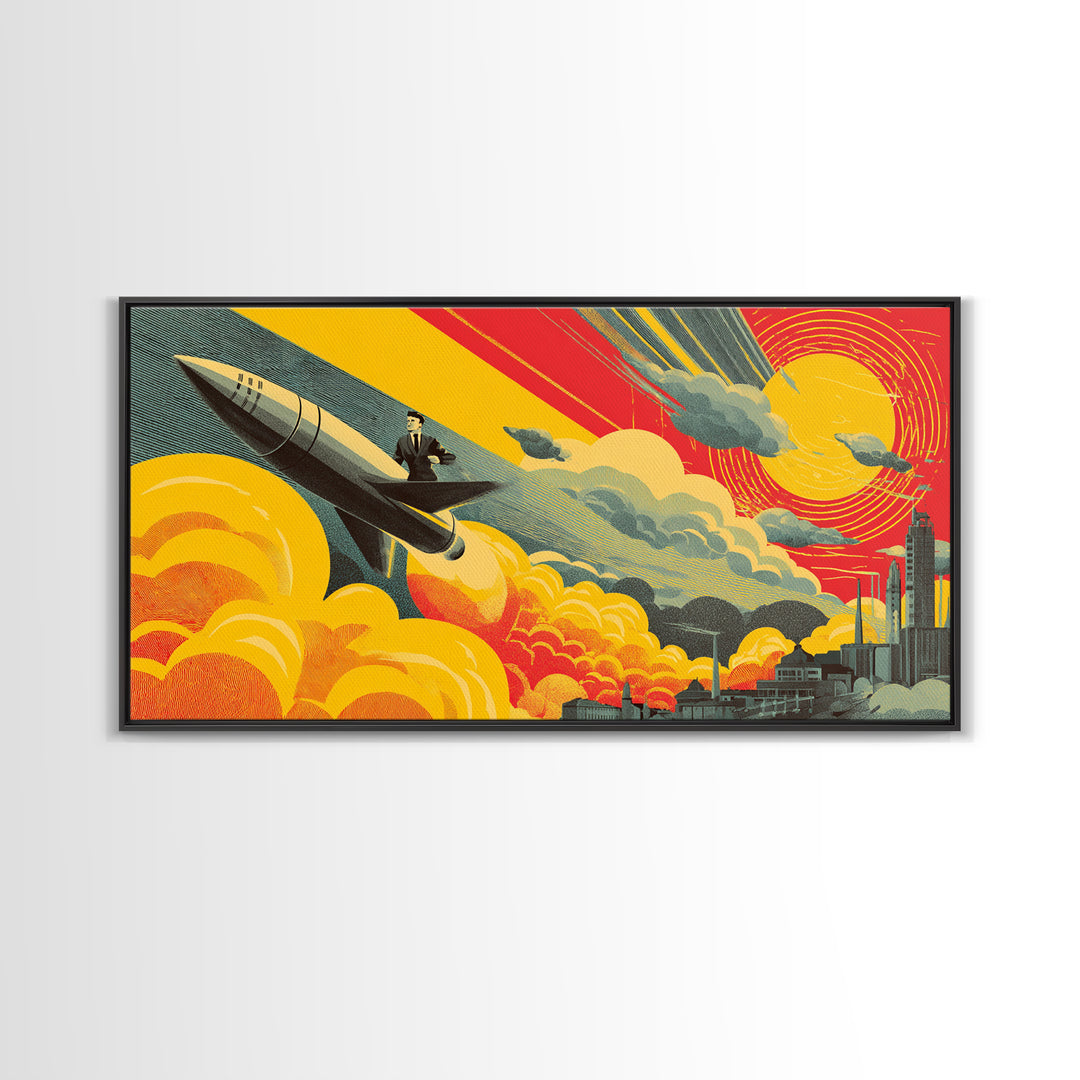 Rocket Commuter Cityscape Wall Art, Retro Futurism Poster, Midcentury Modern Decor, Atomic Space Age Office Print, Gift Idea