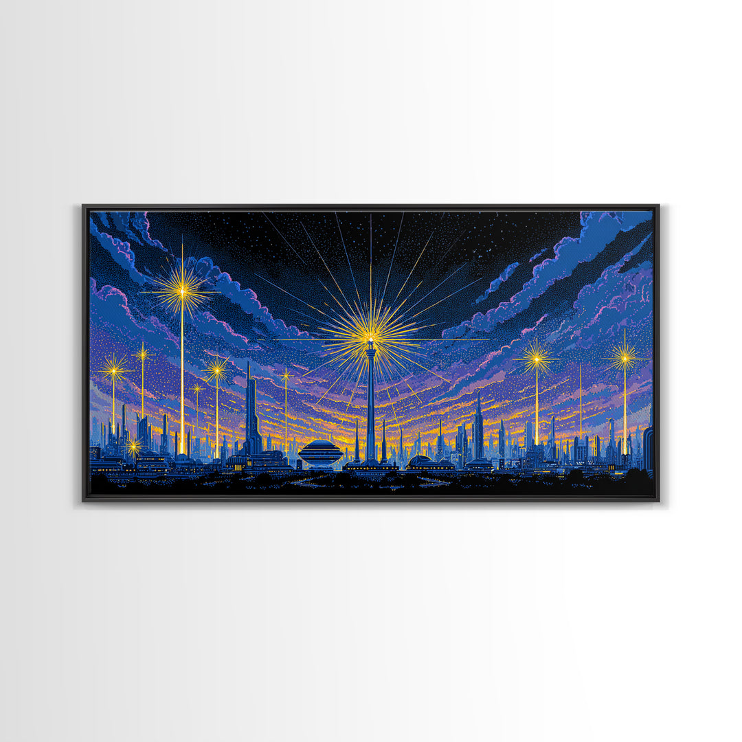 Blue Purple Night Skyline With Starburst Lights Canvas Print, Retro Sci Fi Wall Art, Midcentury Modern Cityscape Decor Poster