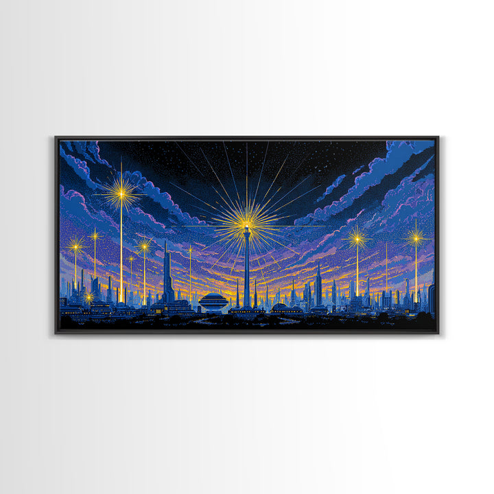 Blue Purple Night Skyline With Starburst Lights Canvas Print, Retro Sci Fi Wall Art, Midcentury Modern Cityscape Decor Poster
