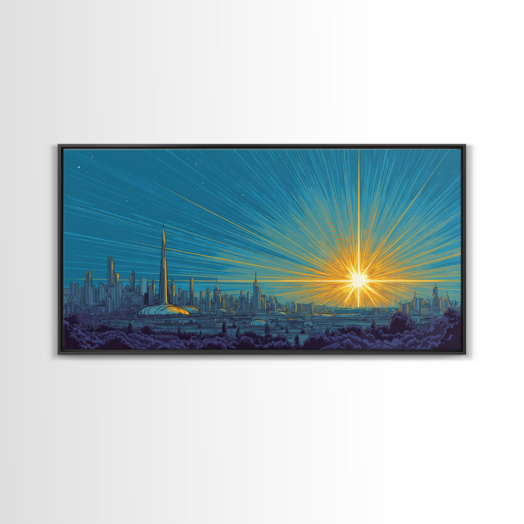 Futuristic Skyline Sunrise With Golden Rays, Mid Century Modern Wall Art, Retro Sci Fi Cityscape Print, Living Room Decor