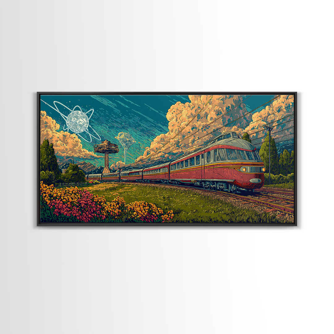 Red Passenger Train Through Flower Fields, Mid Century Modern Wall Art, Retro Travel Poster, Scenic Landscape Decor Print