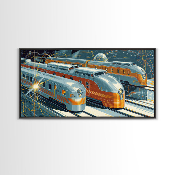 Silver Gold Futuristic Streamliner Trains, Mid Century Modern Wall Art, Atomic Railroad Poster, Retro Transportation Decor