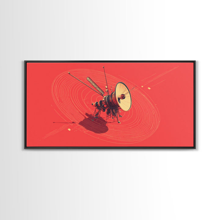Red Space Probe With Orbital Rings, Mid Century Modern Wall Art, Retro Sci Fi Satellite Poster, Minimalist Space Decor Print