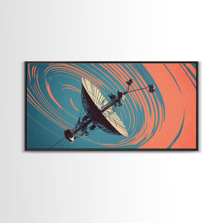 Teal Coral Satellite Dish In Orbit, Mid Century Modern Wall Art, Retro Sci Fi Space Poster, Geometric Abstract Decor Print
