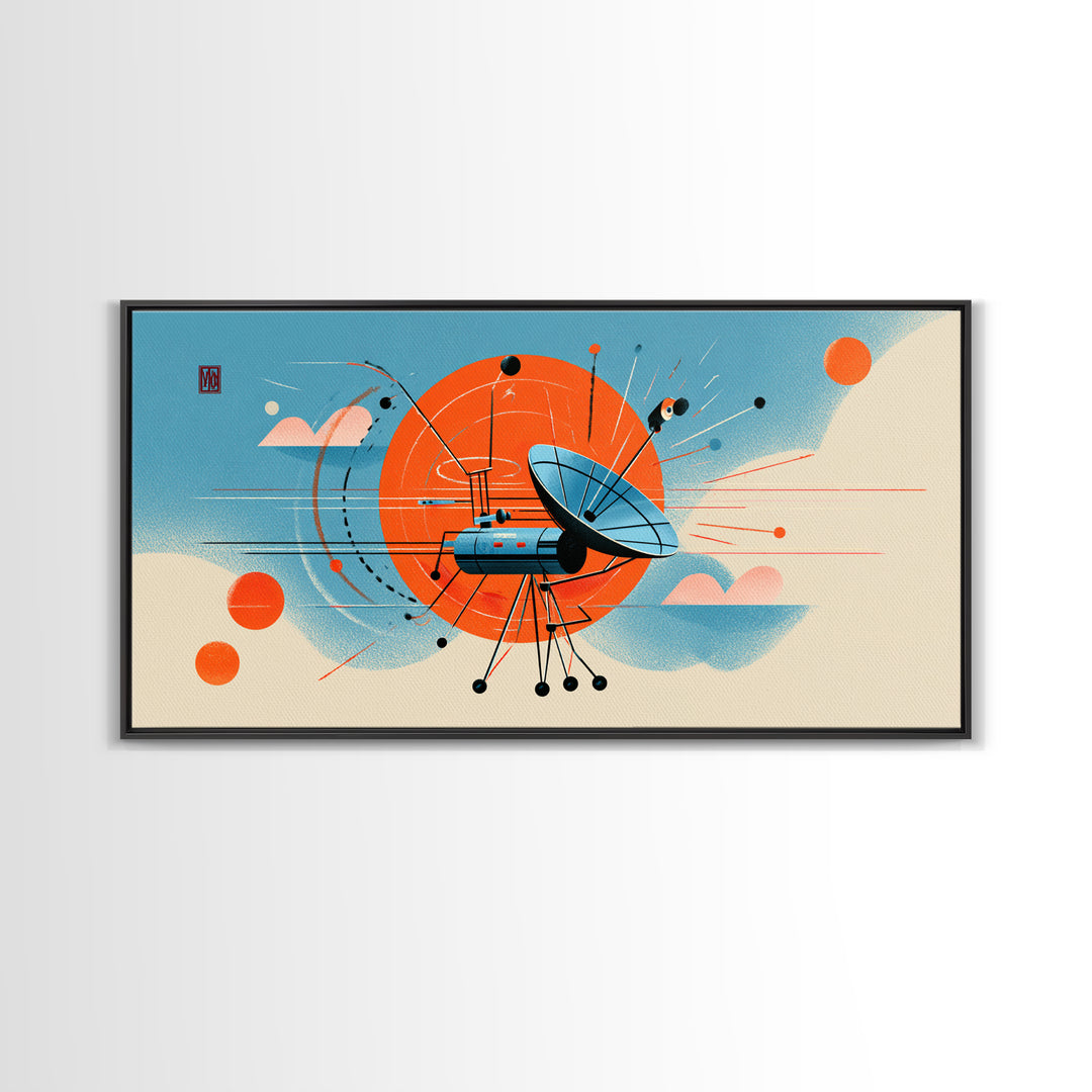Retro Satellite Dish With Orange Sun Canvas Print, Midcentury Modern Wall Art, Atomic Space Poster, MCM Office Decor Gift