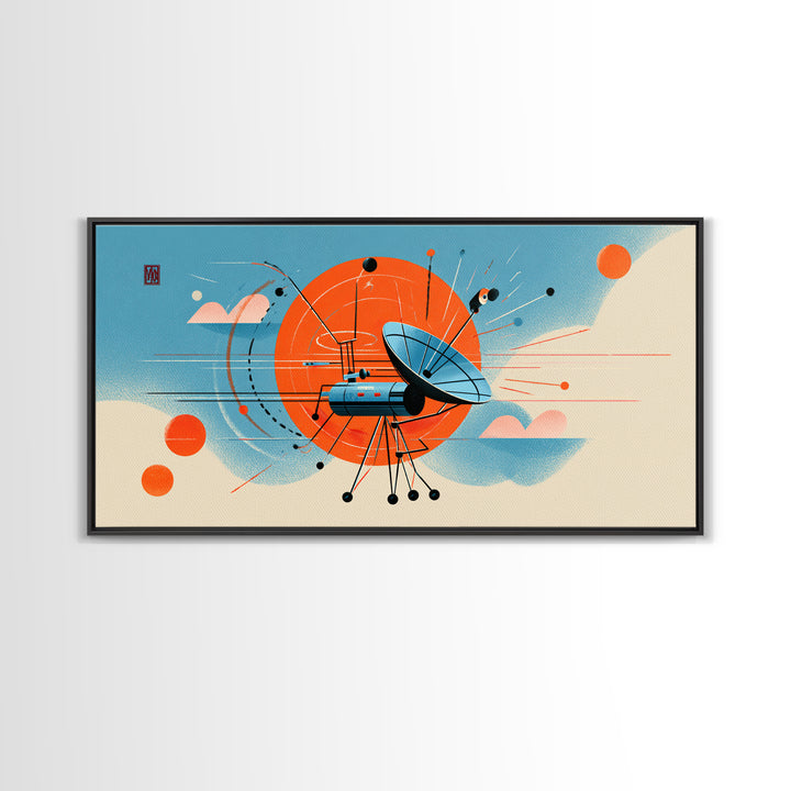 Retro Satellite Dish With Orange Sun Canvas Print, Midcentury Modern Wall Art, Atomic Space Poster, MCM Office Decor Gift